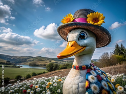 Happy Duck in a Colorful Landscape with a Cheerful Hat for Joyful Branding Ideas photo