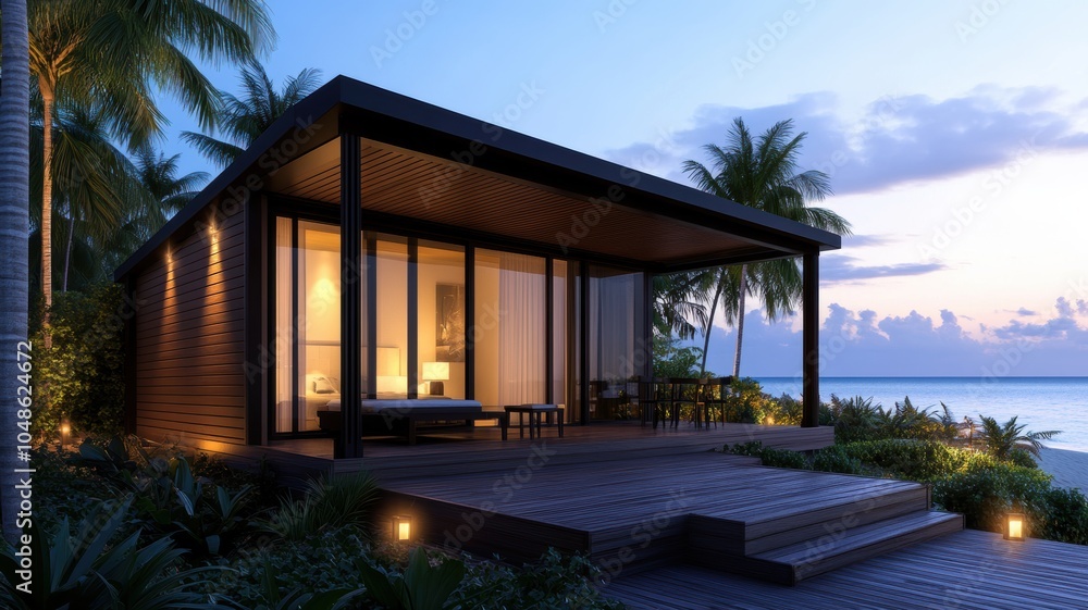 Modern tropical villa at sunset, serene atmosphere Modern tropical villa at sunset, serene atmosphere