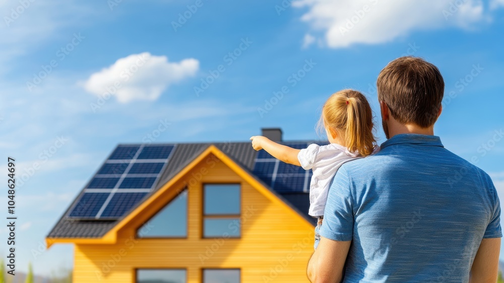 Parent and child observing solar panels. Parent and child observing solar panels.