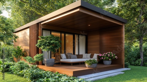 Modern wooden house in green garden setting