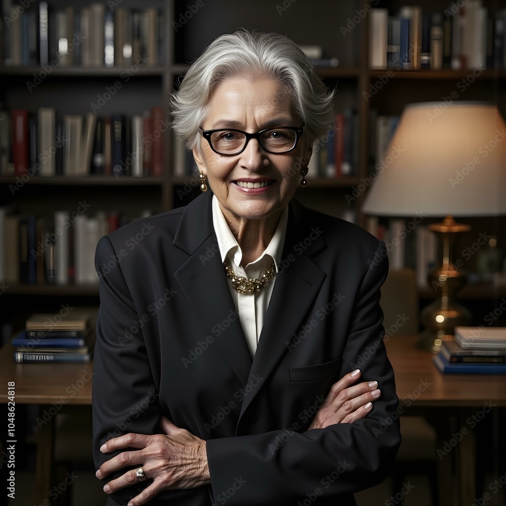 Fototapeta premium Smiling confident stylish mature middle aged woman standing at home office. Old senior businesswoman, 60s gray-haired lady executive business leader manager looking at camera arms crossed, portrait.