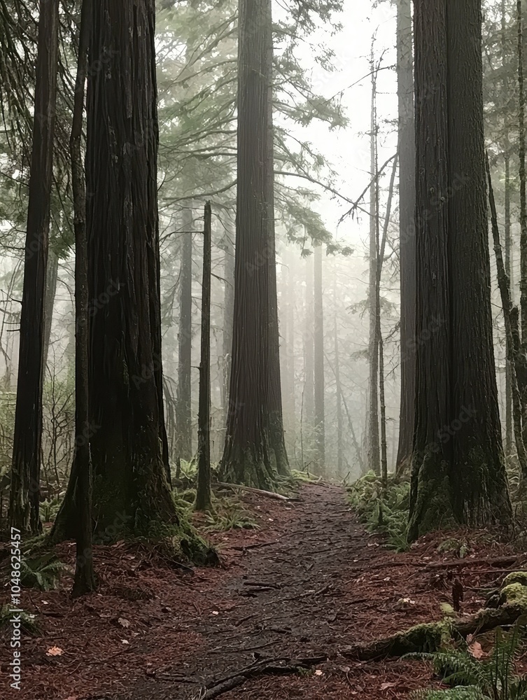 Naklejka premium Misty Forest Path Among Towering Redwoods