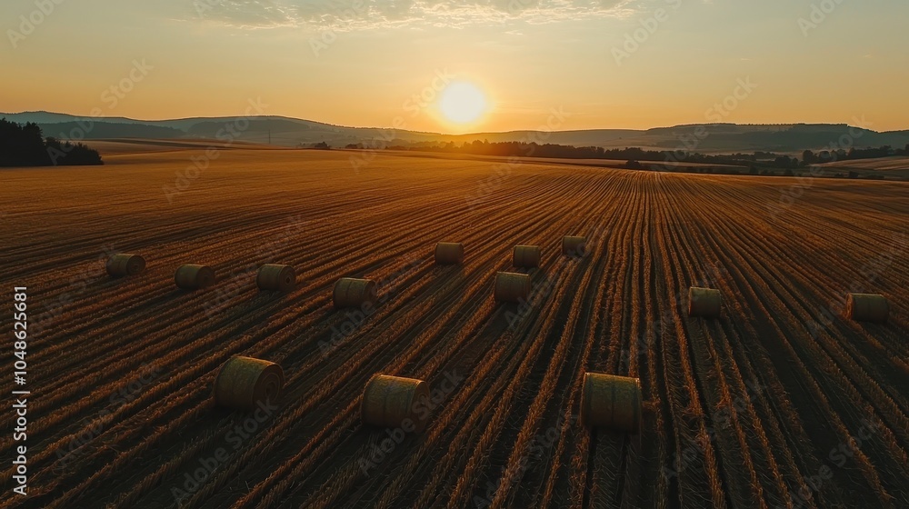 Fototapeta premium Golden Hour Over Neatly Arranged Hay Bales in Field