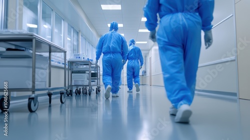 Healthcare workers in blue scrubs walking
