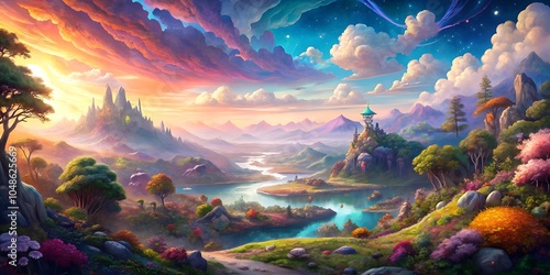 Horizontal fantasy landscape, magical forest, enchanted river, castle on a hill, sunset over mountains, digital art photo