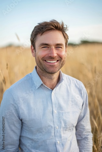Smiling Man in Golden Wheat Field on Summer Day