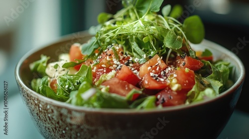 A bowl of nutritious salad ingredients, captured in close-up, symbolizing wellness, health, and balanced eating