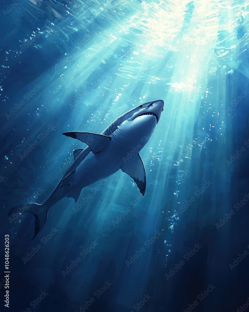 Fototapeta premium Great White Shark Swimming Underwater in Clear Waters