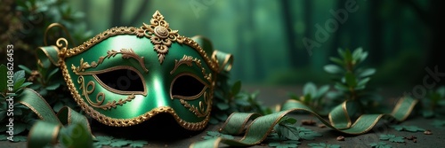 A captivating green masquerade mask adorned with golden accents, set amidst a lush forest background, evoking mystery and allure. photo