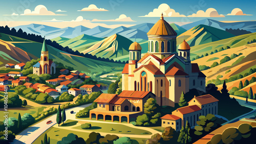 Aerial view of the beautiful Holy Trinity Cathedral amidst a scenic cityscape and hills, Avlabari, Georgia.