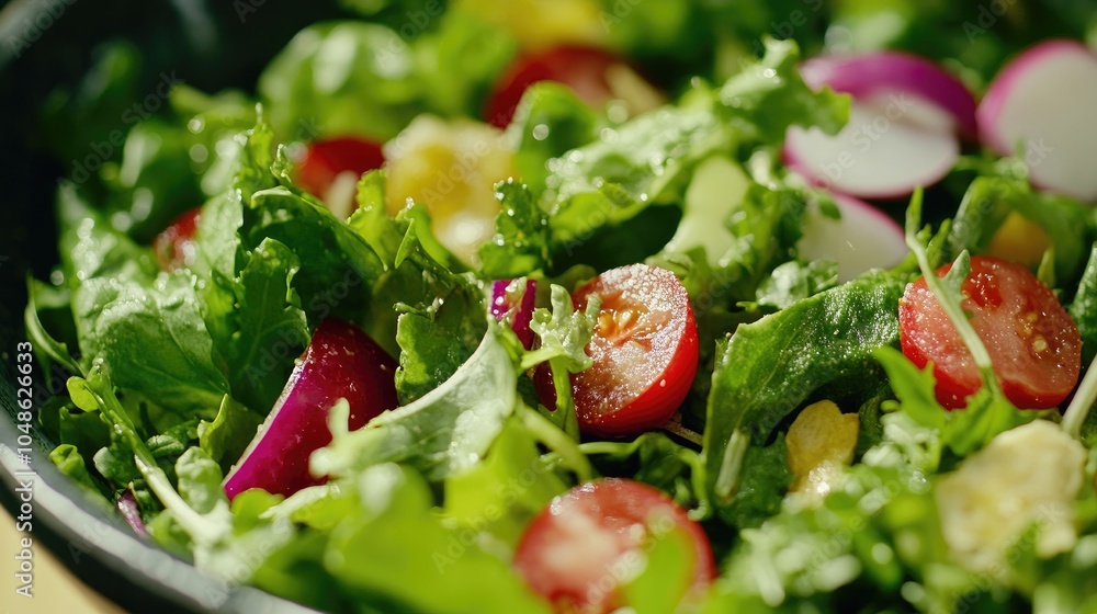 A close-up of vibrant, fresh salad ingredients arranged in a bowl, perfect for promoting wellness and healthy eating in food businesses A close-up of vibrant, fresh salad ingredients arranged in a bowl, perfect for promoting wellness and healthy eating in food businesses