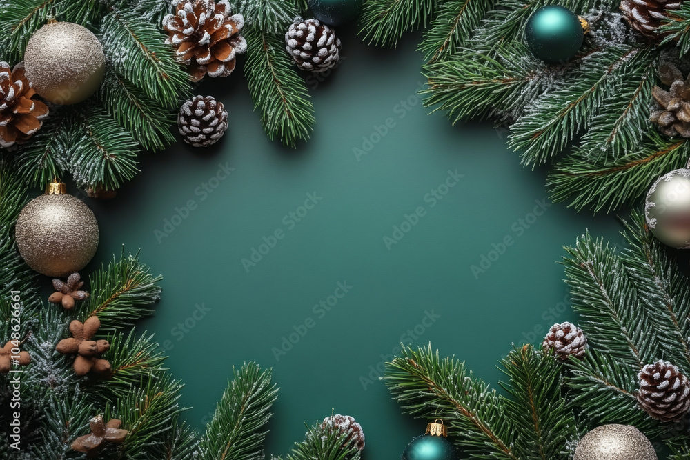 Green background with wreath of pine cones and Christmas ornaments Green background with wreath of pine cones and Christmas ornaments