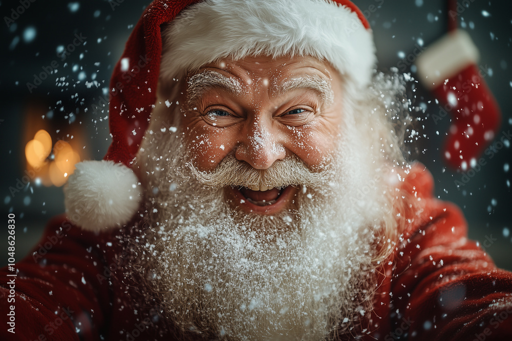 Santa Claus laughing super expressively under a lot of falling snow. Santa Claus laughing super expressively under a lot of falling snow.
