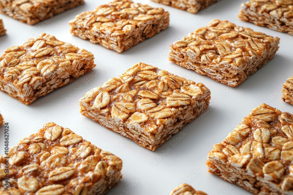 Golden Caramel Oat Squares Arranged on a White Surface Golden Caramel Oat Squares Arranged on a White Surface