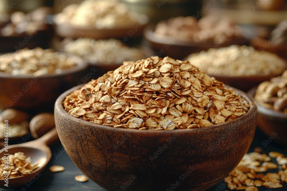 A Close-up View of Rolled Oats in a Wooden Bowl A Close-up View of Rolled Oats in a Wooden Bowl