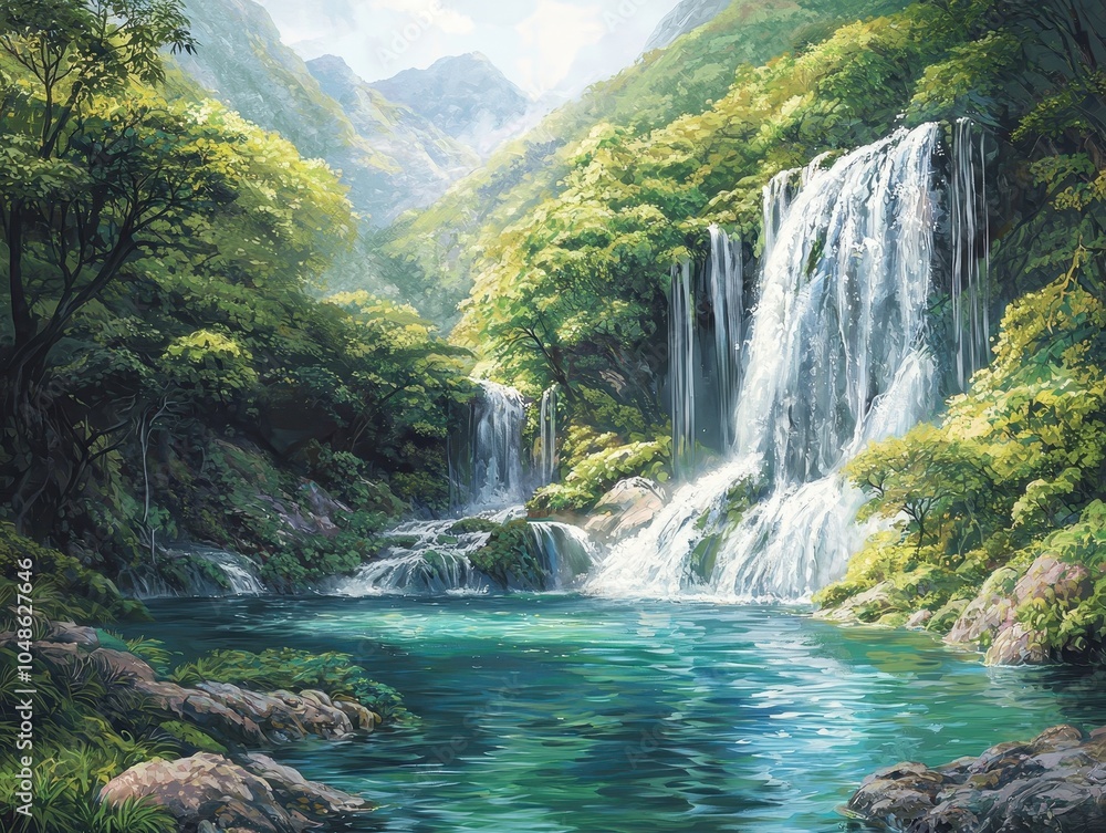 Fototapeta premium Lush Green Valley with Cascading Waterfall
