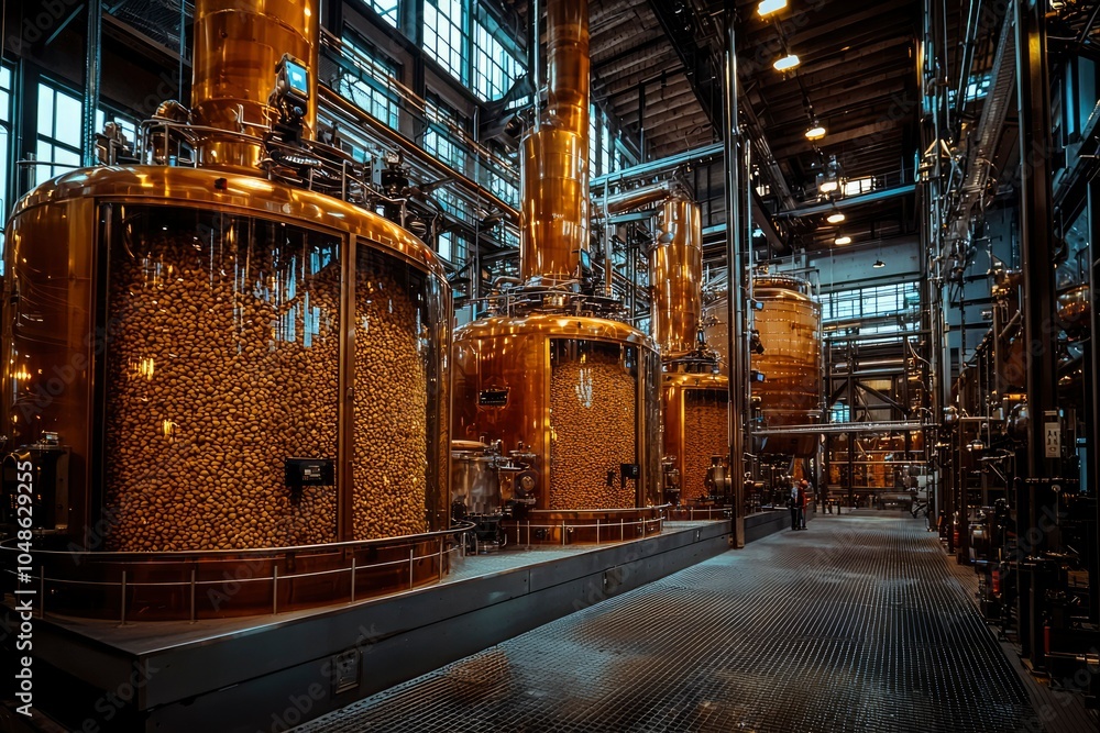 Industrial Copper Vessels Filled with Brown Granules in a Factory Setting Industrial Copper Vessels Filled with Brown Granules in a Factory Setting