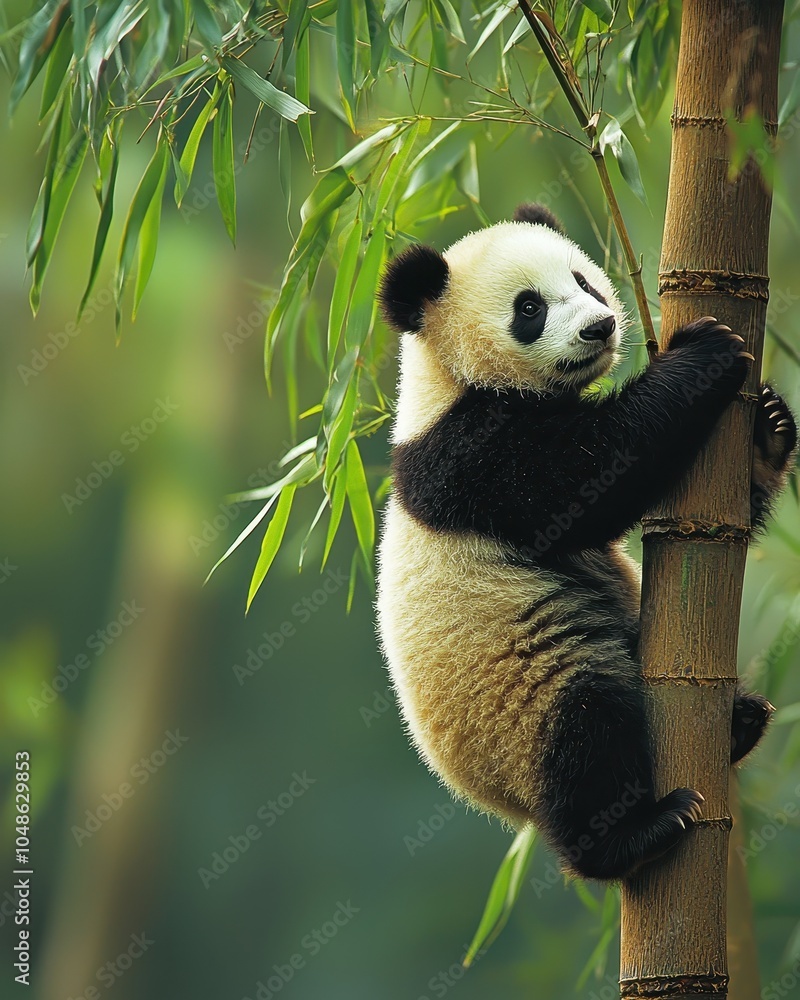 Obraz premium Panda Climbing a Tree in Lush Green Forest