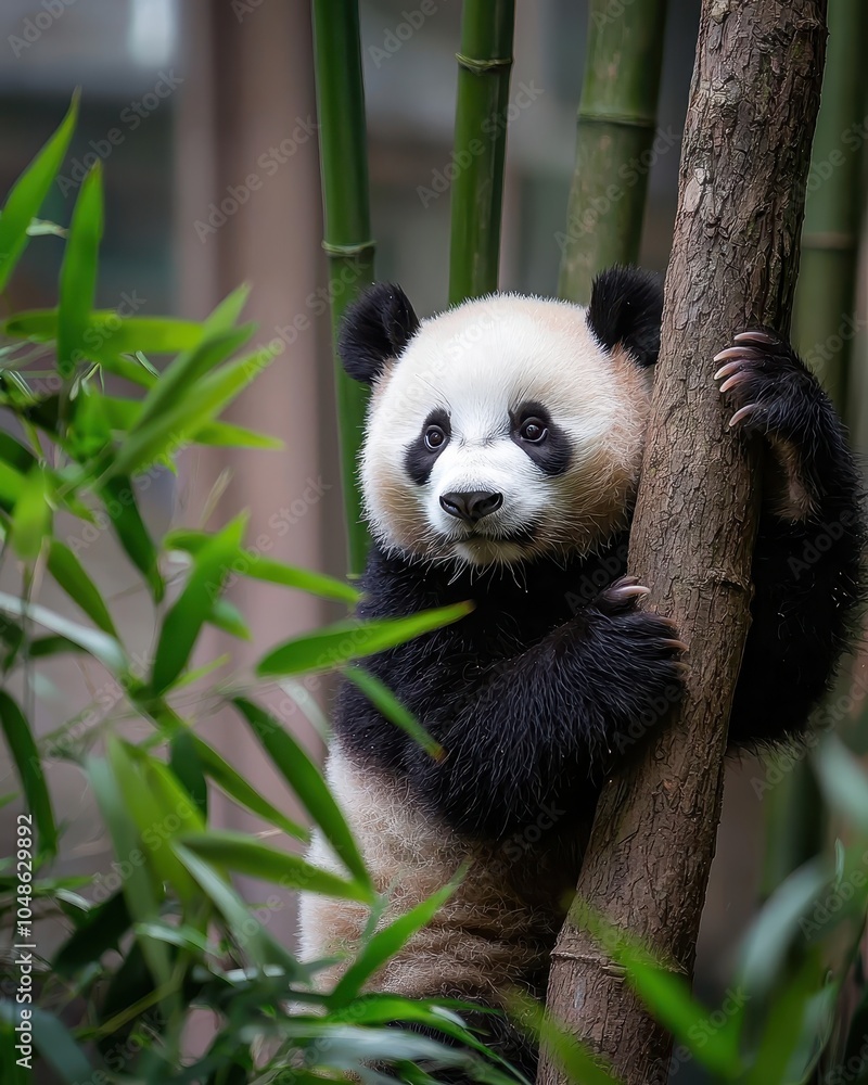 Fototapeta premium Panda Bear Climbing a Tree in Lush Green Surroundings