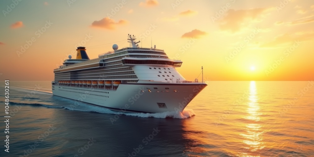 A luxurious cruise ship sailing towards a scenic sunset, reflecting tranquility and adventure on the open sea, perfect for travel and leisure themes. A luxurious cruise ship sailing towards a scenic sunset, reflecting tranquility and adventure on the open sea, perfect for travel and leisure themes.