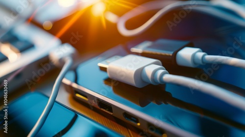 Close-Up of a Sleek USB Hub with Multiple Ports, Connecting Various Devices Against Blurred Background of Electronic Gadgets, Showcasing Modern Design and Functional Convenience in Soft Natural Light.