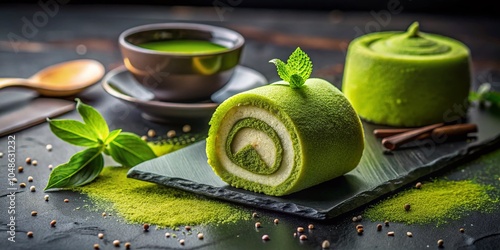 Japanese Green Tea Cream Delight with Blackroll Aesthetic - Food Photography photo