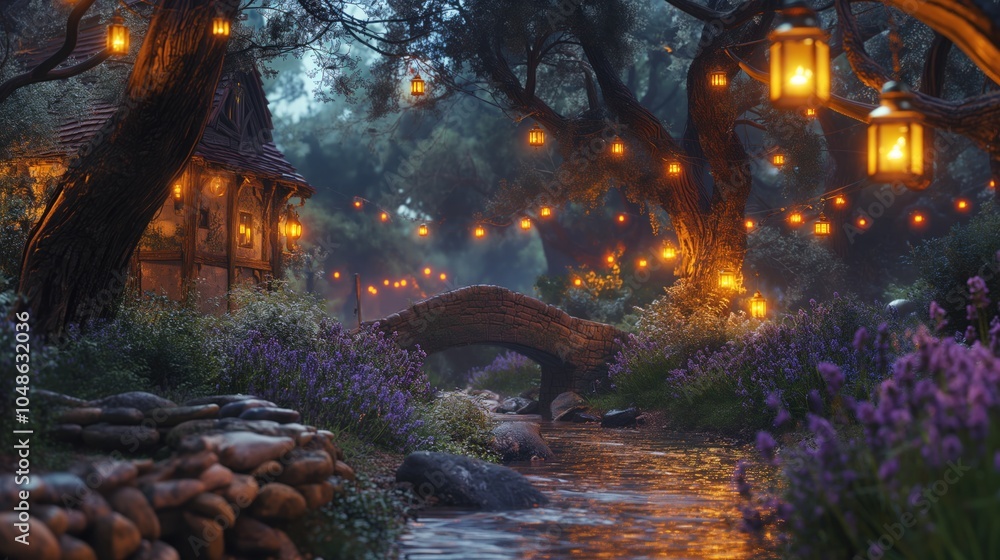 Fototapeta premium a charming European garden backdrop at dusk, with glowing lanterns hanging from the trees and illuminating a winding path lined with lavender and wildflowers
