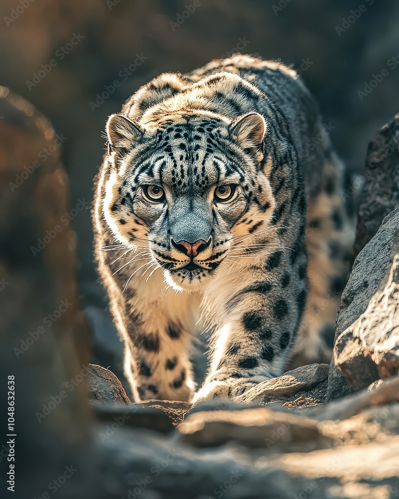 Obraz premium Snow Leopard Prowling Through Rocky Terrain