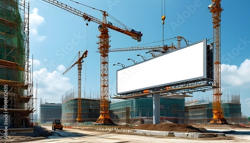 An expansive view of construction progress with cranes and a blank billboard ready for advertising in an urban environment #1048632635