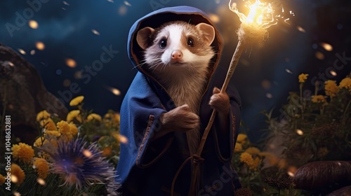 A whimsical illustration of a ferret dressed as a tiny wizard, complete with a miniature robe and hat, casting playful spells with a wand in a mystical, starry landscape. photo