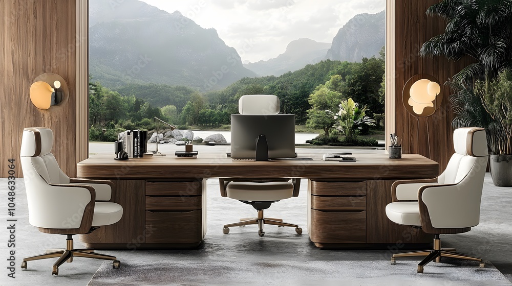 Fototapeta premium Office space with open-plan design, warm wooden accents, collaborative areas, and ergonomic furniture fostering productivity
