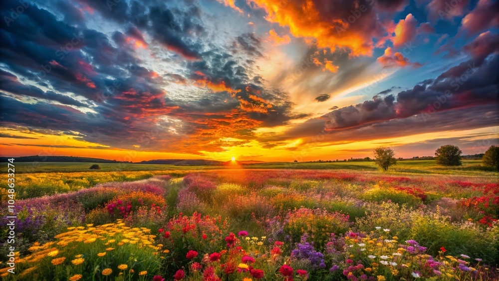 Long Exposure of a Vibrant Field of Wildflowers at Sunset with Dramatic Sky Colors Long Exposure of a Vibrant Field of Wildflowers at Sunset with Dramatic Sky Colors