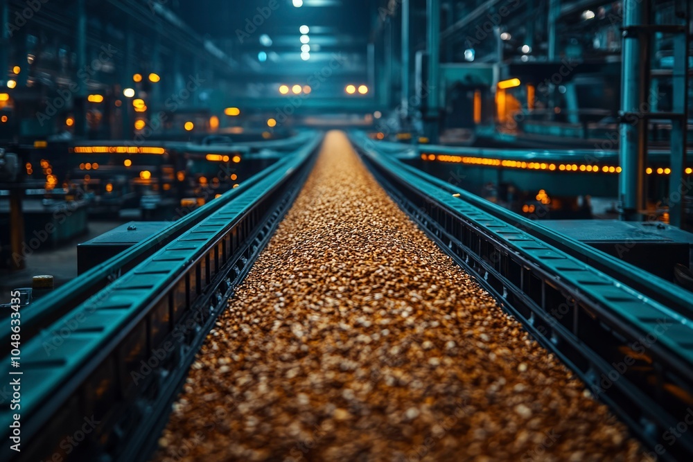 Conveyor Belt Carrying Brown Granules in a Factory Setting Conveyor Belt Carrying Brown Granules in a Factory Setting