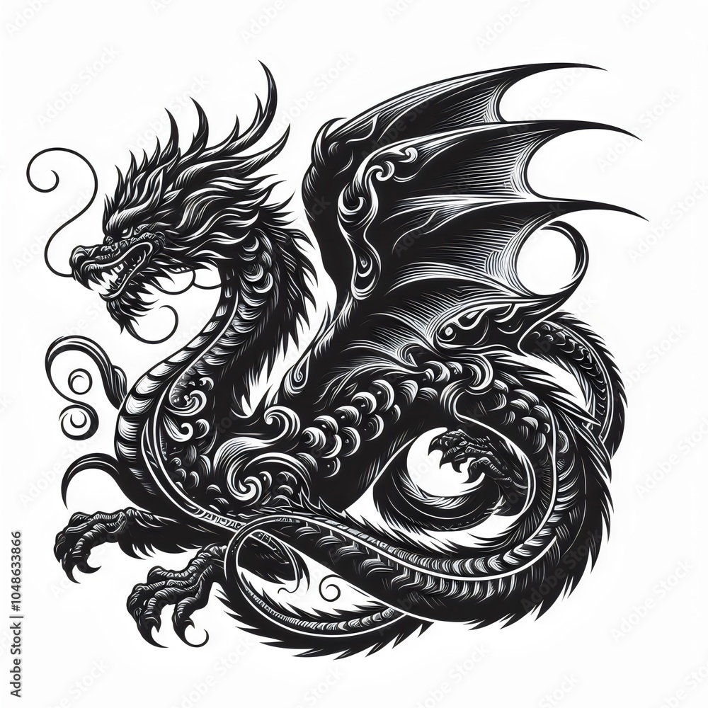 Dragon tattoo design, sketch. Black and white image. Icon, logo. Dragon tattoo design, sketch. Black and white image. Icon, logo.