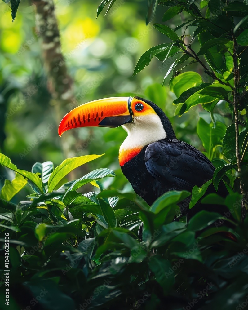 Fototapeta premium Vibrant Toucan with Large Beak in Lush Greenery