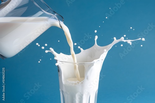 Milk splash pours into glass on blue, emphasizing freshness and purity
