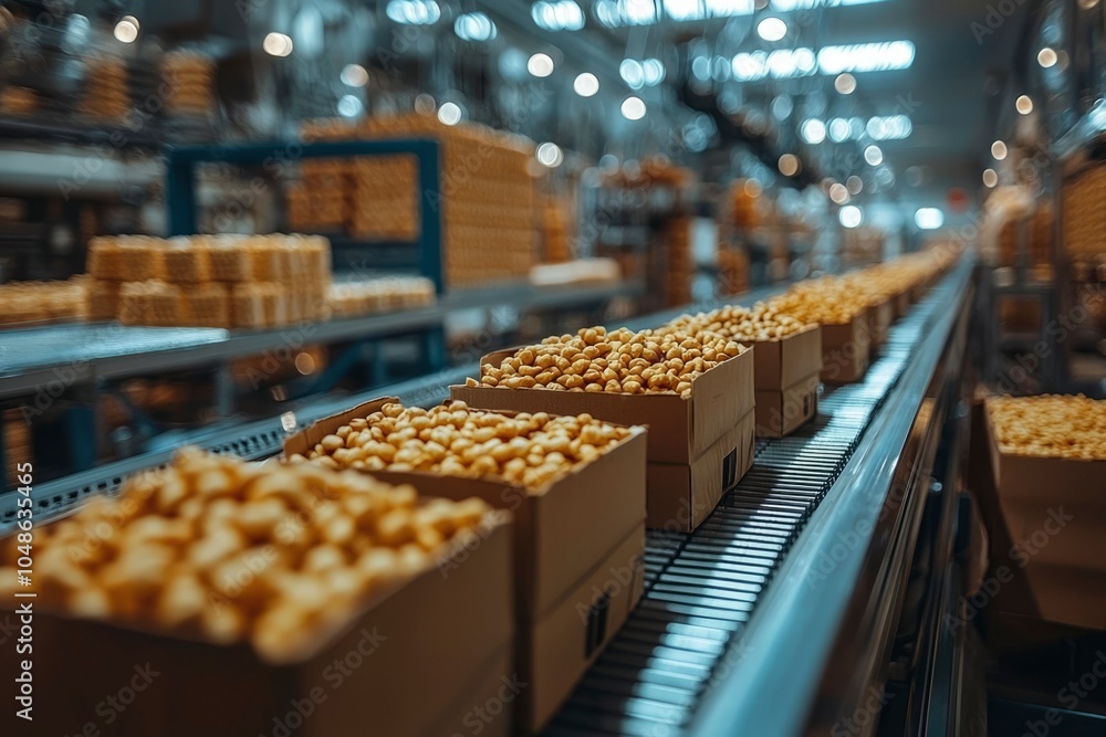 Conveyor Belt Filled with Brown Cardboard Boxes of Nuts Conveyor Belt Filled with Brown Cardboard Boxes of Nuts