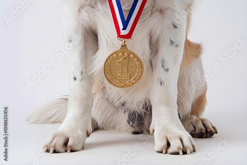 Dogs paws with gold medal on white, emphasizing award and stature