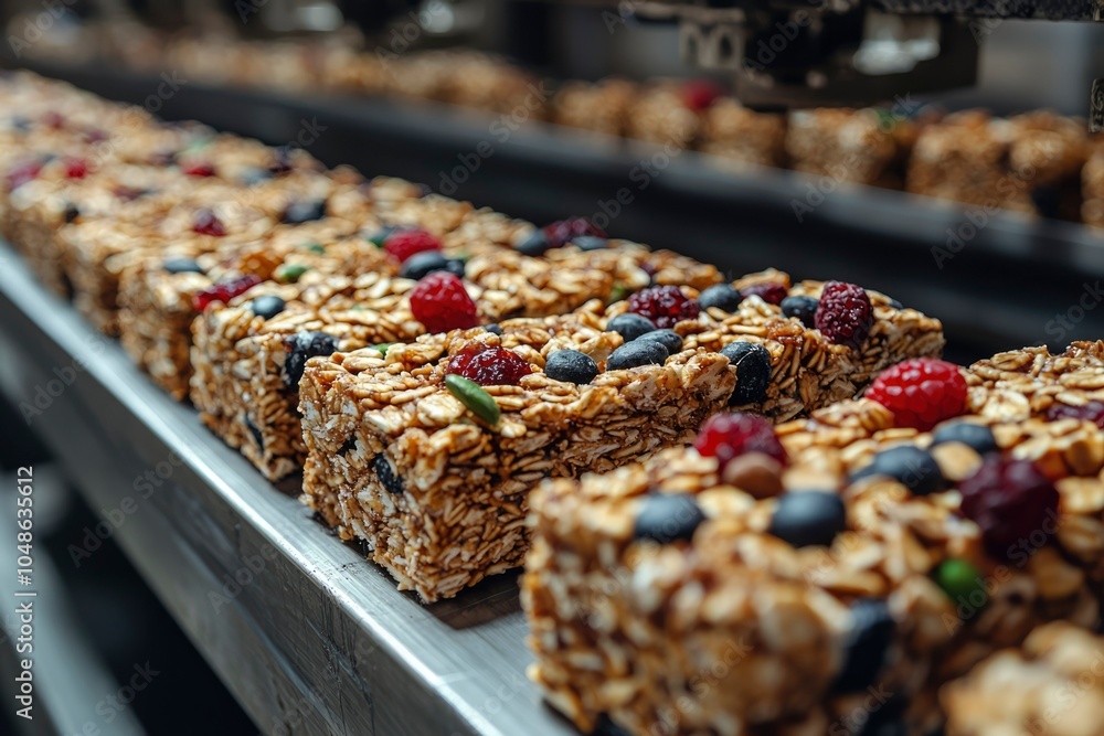 Close-up of a Conveyor Belt Filled with Granola Bars Topped with Raspberries and Blueberries Close-up of a Conveyor Belt Filled with Granola Bars Topped with Raspberries and Blueberries
