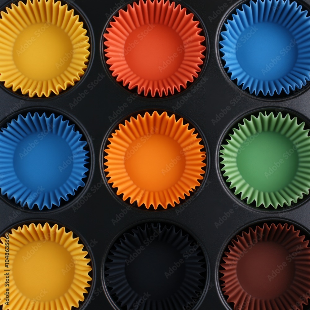 Fototapeta premium A muffin tray with colorful silicone liners arranged in a grid pattern.