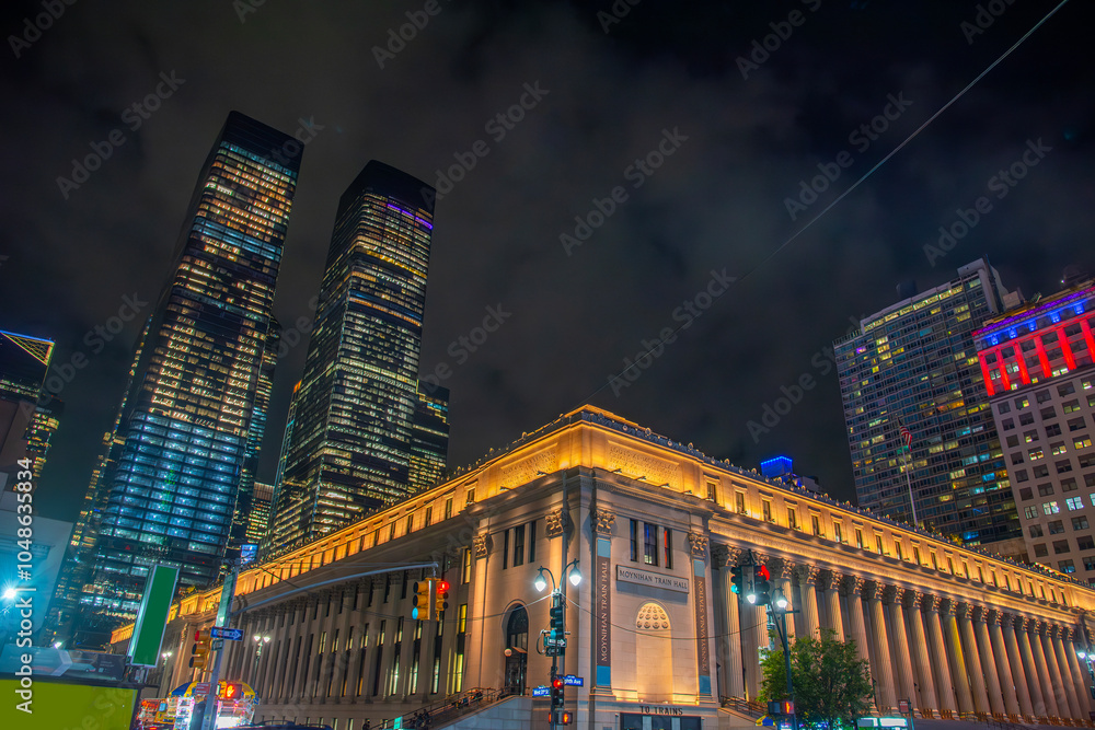 Moynihan Train Hall at Penn Station by night