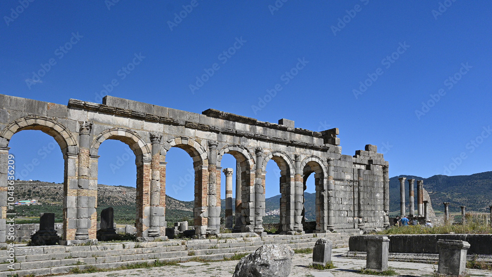 Fototapeta premium Remains of the Roman city of Volubilis, Morocco. The City dates back to 60 BC and was held and used by the romans till 470 AD.