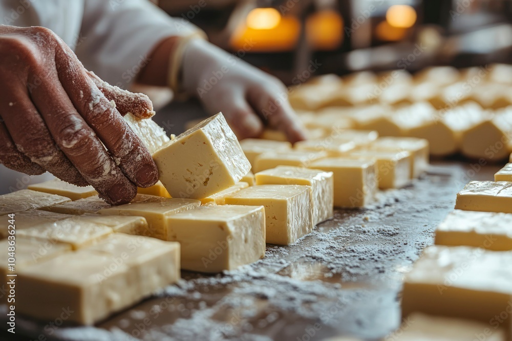 A Hand Placing a Cube of Tofu on a Table Covered in Flour A Hand Placing a Cube of Tofu on a Table Covered in Flour