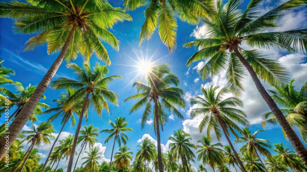 Tropical oasis with palm trees at a tilted angle under sunny blue skies Tropical oasis with palm trees at a tilted angle under sunny blue skies