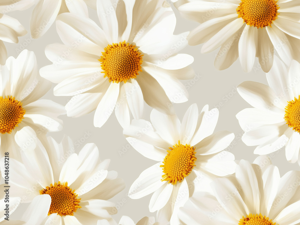 Fototapeta premium Bright white daisies with vibrant yellow centers are arranged in minimalist pattern, creating fresh and cheerful floral design. soft background enhances flowers beauty