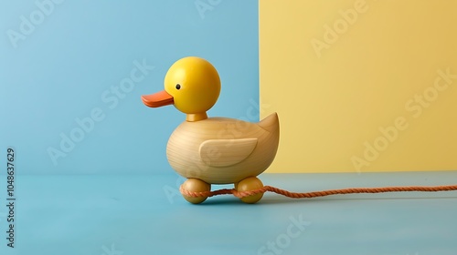 Wooden pull along duck toy on bright surface photo