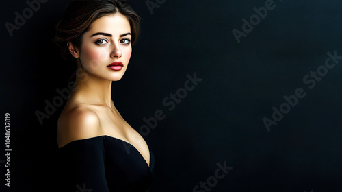 Sophisticated Woman in Black Dress Against Dark Background