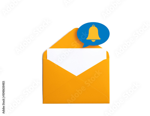 3D Opened letter in envelope with bell notification and blue speech bubble messages. Email contact and communication. Business and office cartoon emoji icon. Newsletter concept. 3D Vector illustration