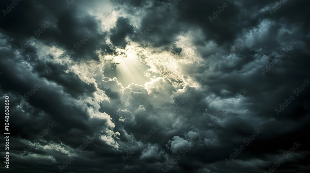 Obraz premium Dark clouds with the sun breaking through, stormy weather, dramatic lighting