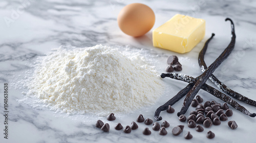 Baking Ingredients - Flour, Butter, Chocolate Chips, Vanilla Beans, and Egg on Marble Surface photo